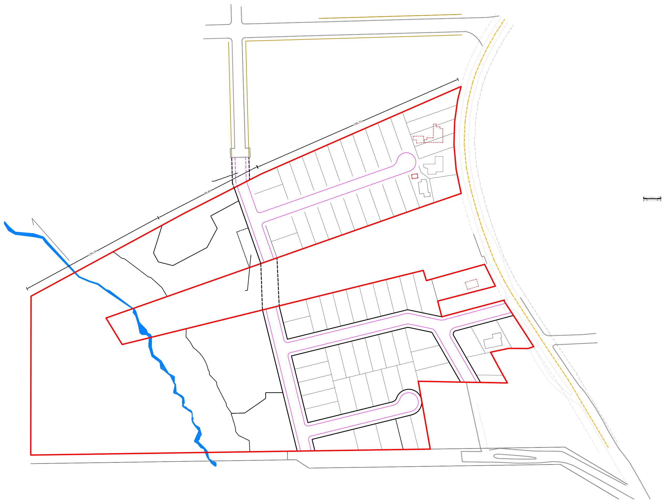 Planta ARG urbanistico, poligono vermelho, ruas em magenta, corrego em azul